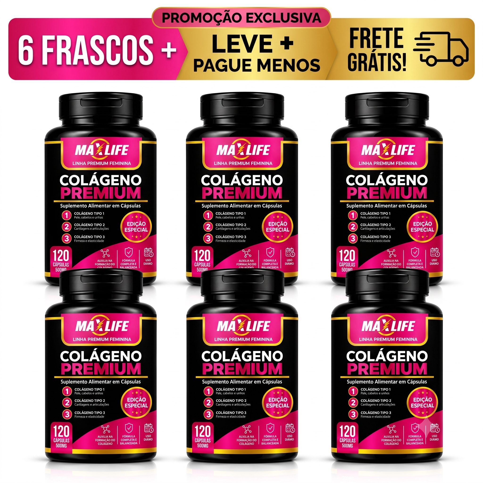 Colágeno Premium Tipos 1 2 e 3 Linha Feminina MAXLIFE 120 Cápsulas 500mg