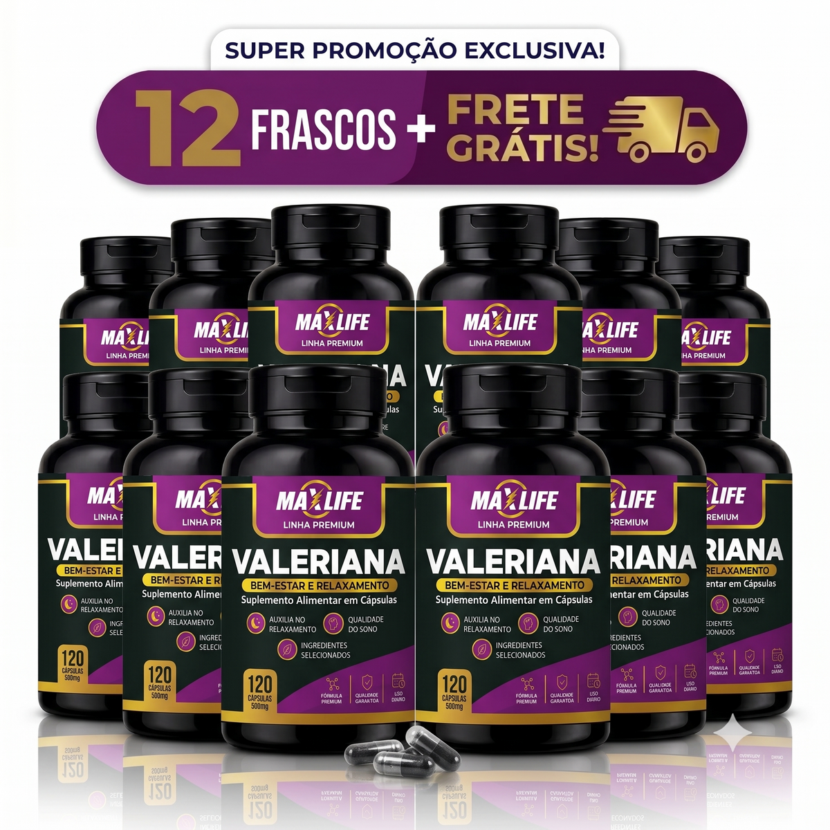 Valeriana Linha Premium MAXLIFE 120 Cápsulas 500mg