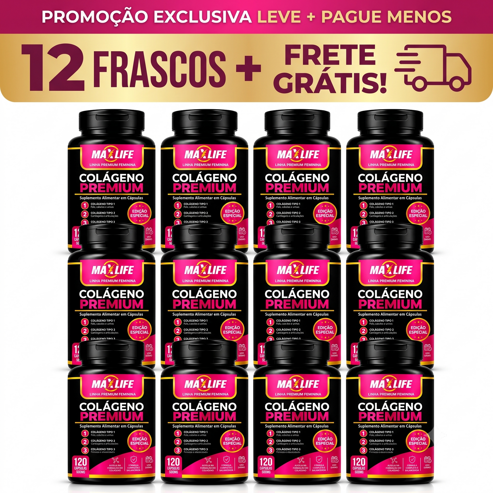 Colágeno Premium Tipos 1 2 e 3 Linha Feminina MAXLIFE 120 Cápsulas 500mg