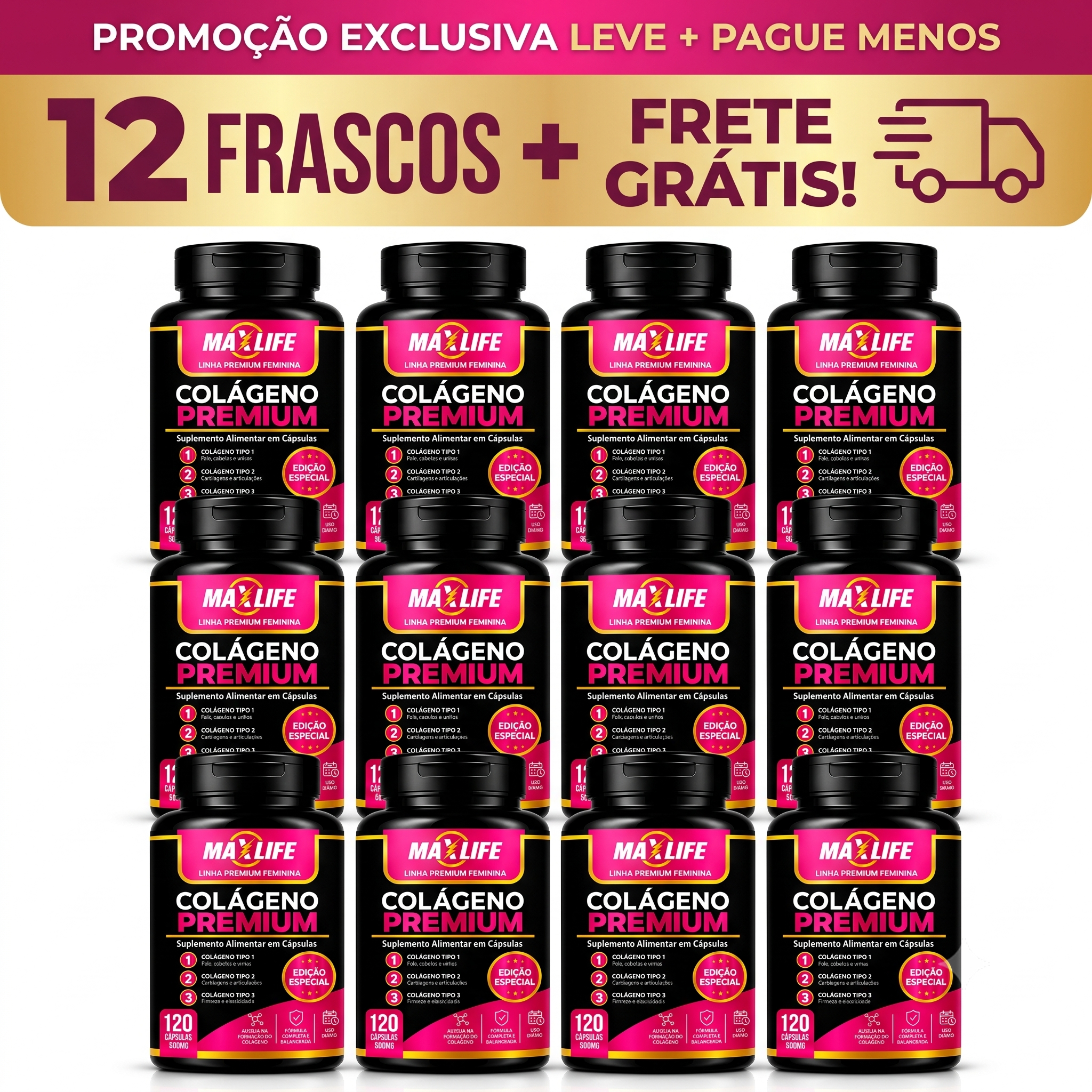 Colágeno Premium Tipos 1 2 e 3 Linha Feminina MAXLIFE 120 Cápsulas 500mg