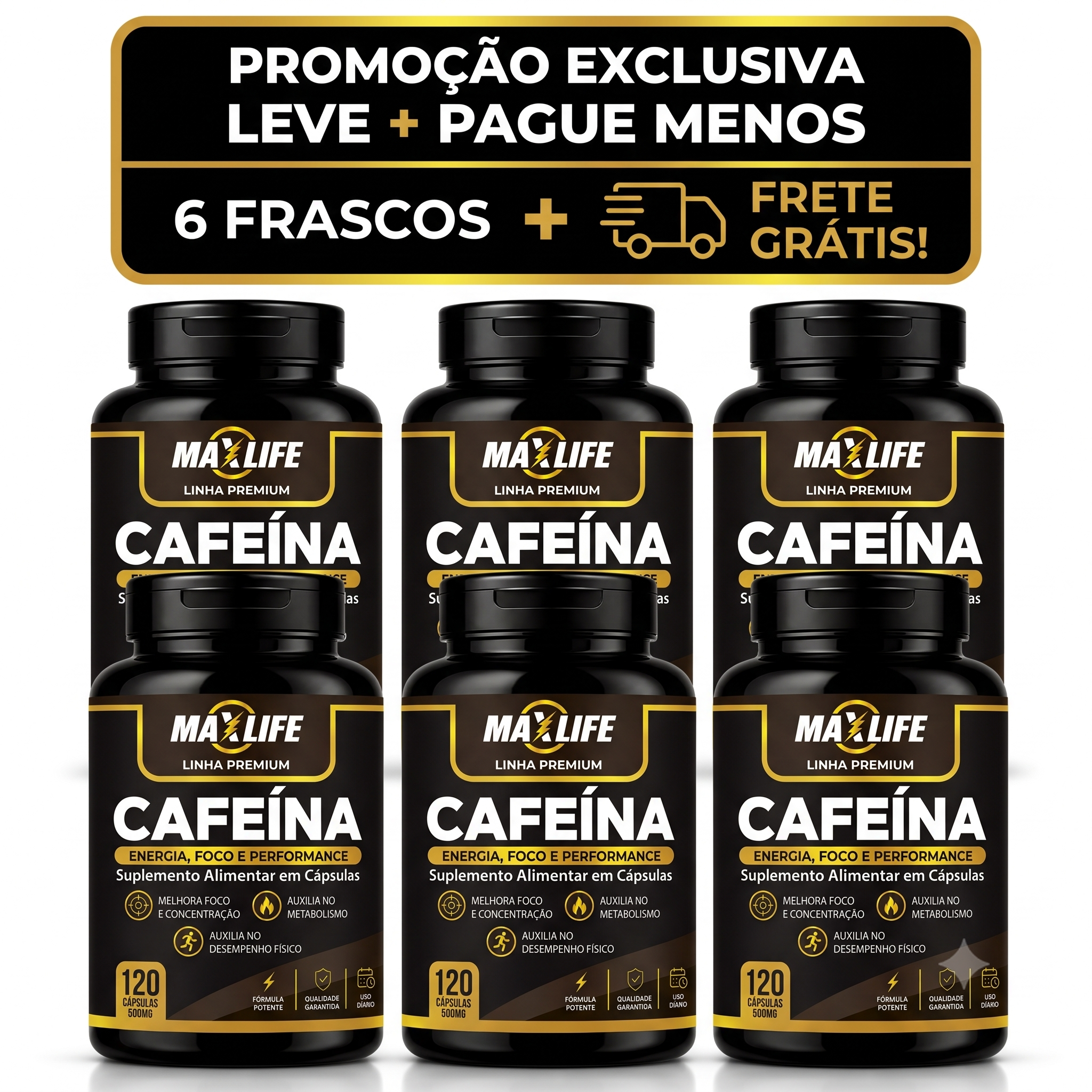 Cafeína Linha Premium MAXLIFE 120 Cápsulas 500mg