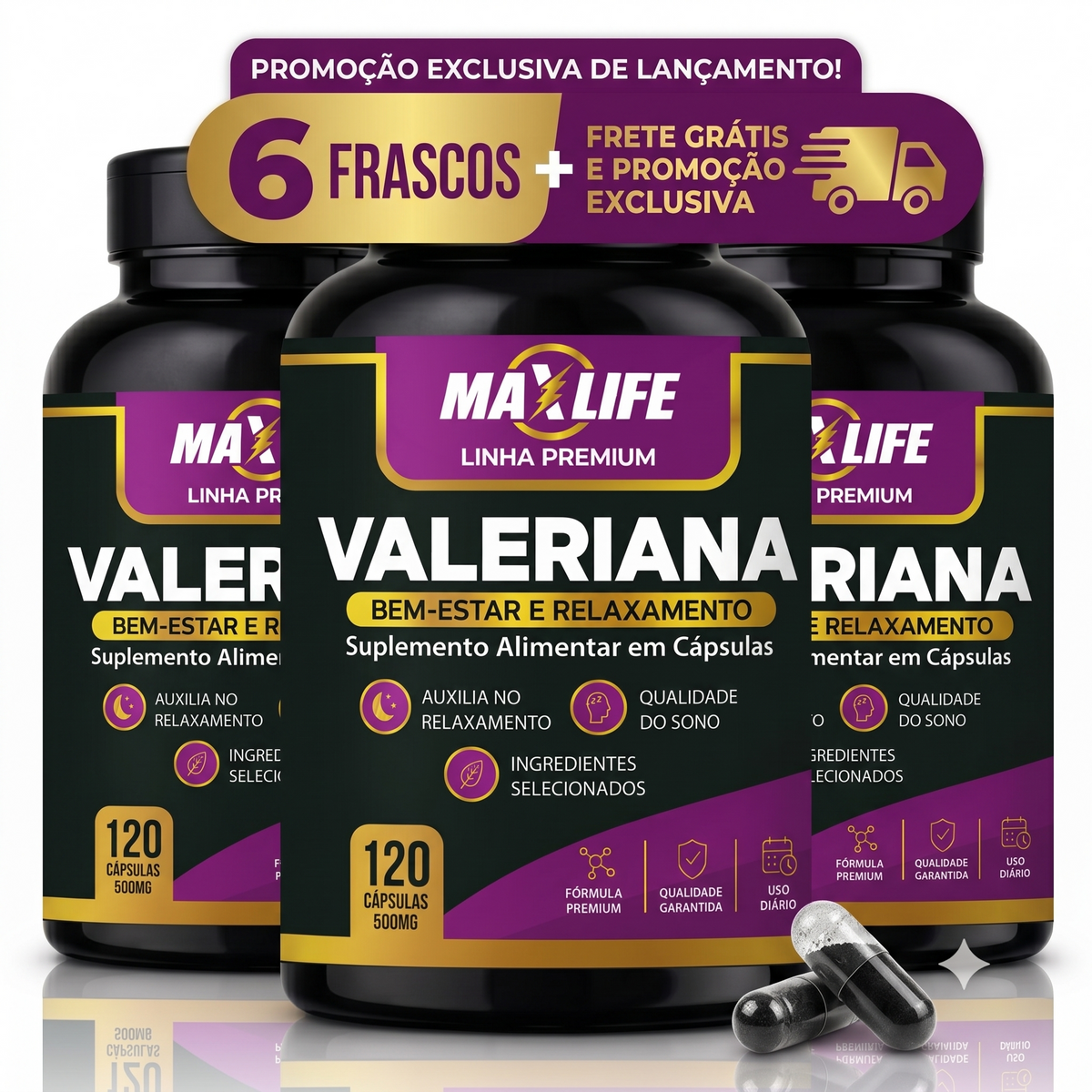 Valeriana Linha Premium MAXLIFE 120 Cápsulas 500mg