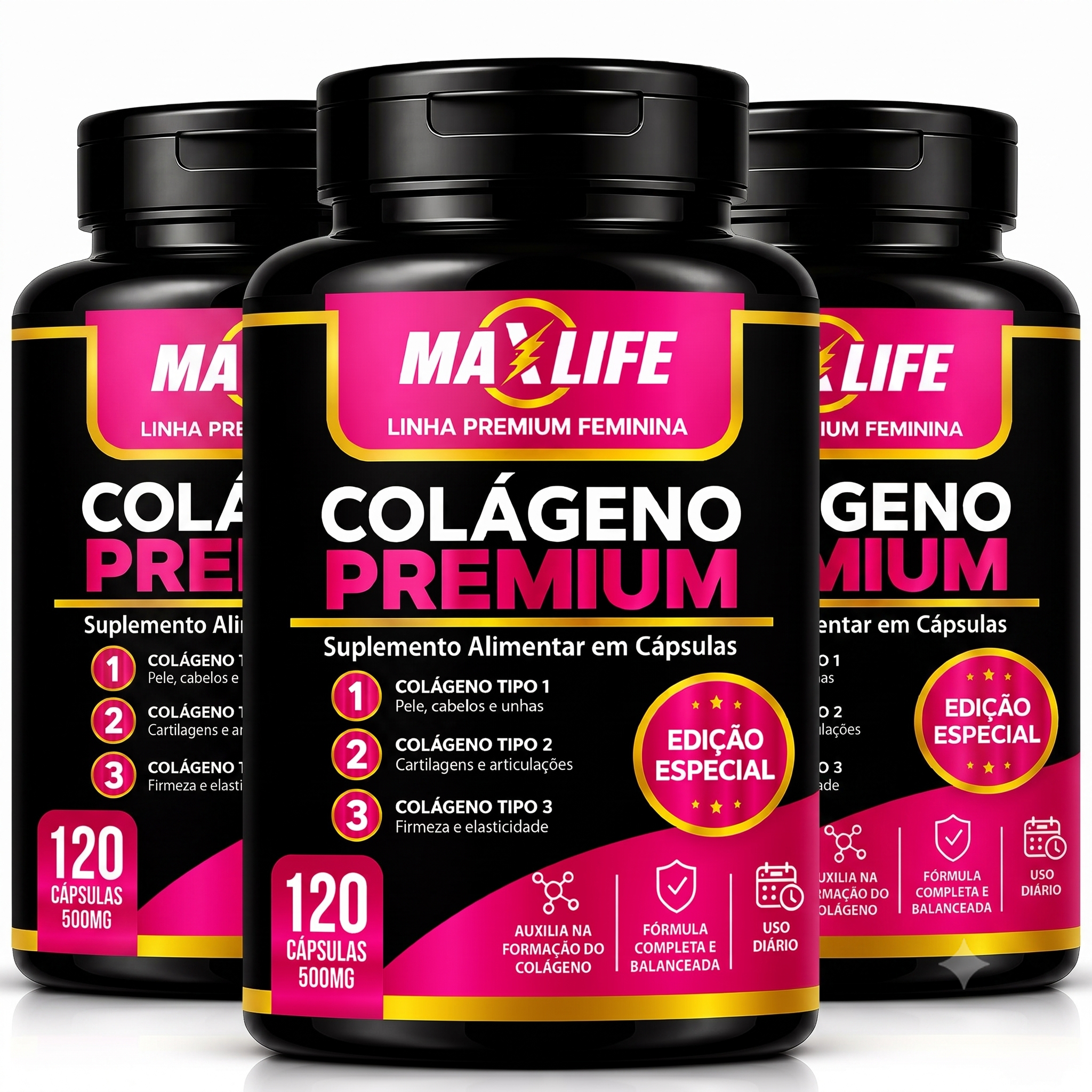 Colágeno Premium Tipos 1 2 e 3 Linha Feminina MAXLIFE 120 Cápsulas 500mg
