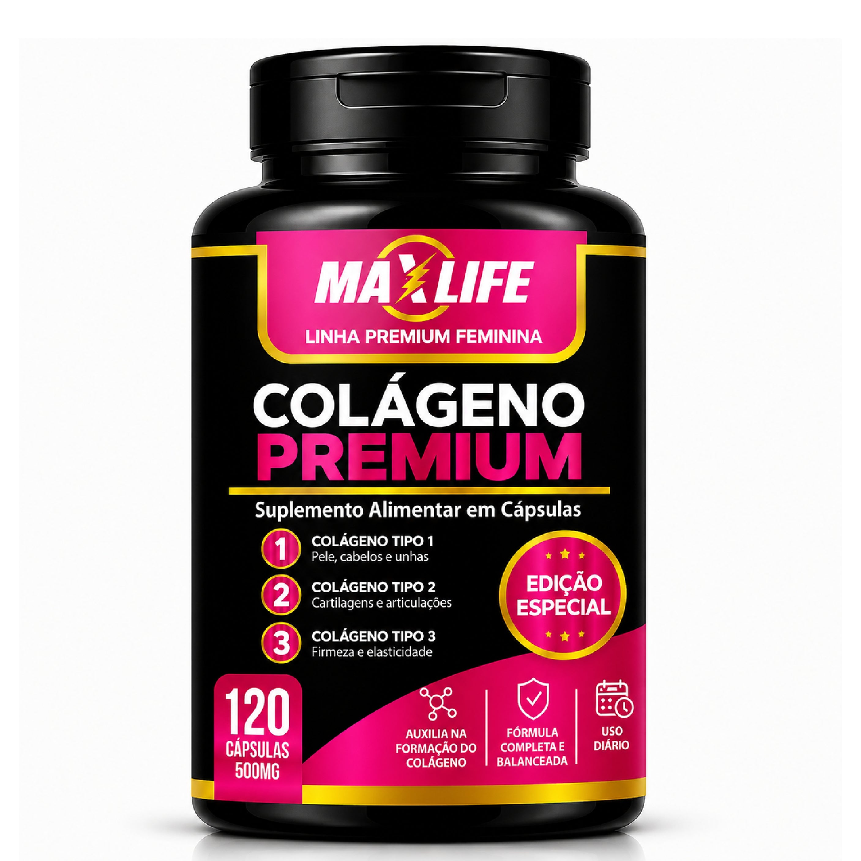Colágeno Premium Tipos 1 2 e 3 Linha Feminina MAXLIFE 120 Cápsulas 500mg