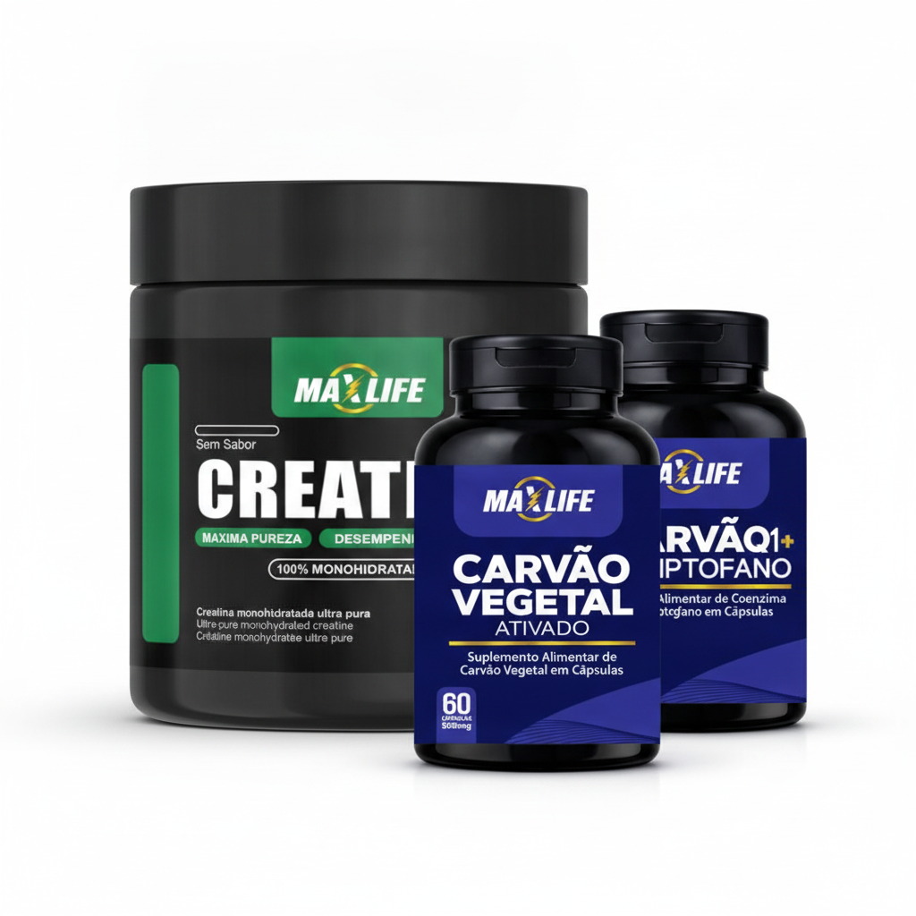 Kit Suplementos MAXLIFE — Creatina, Carvão Ativado e Coenzima Q10